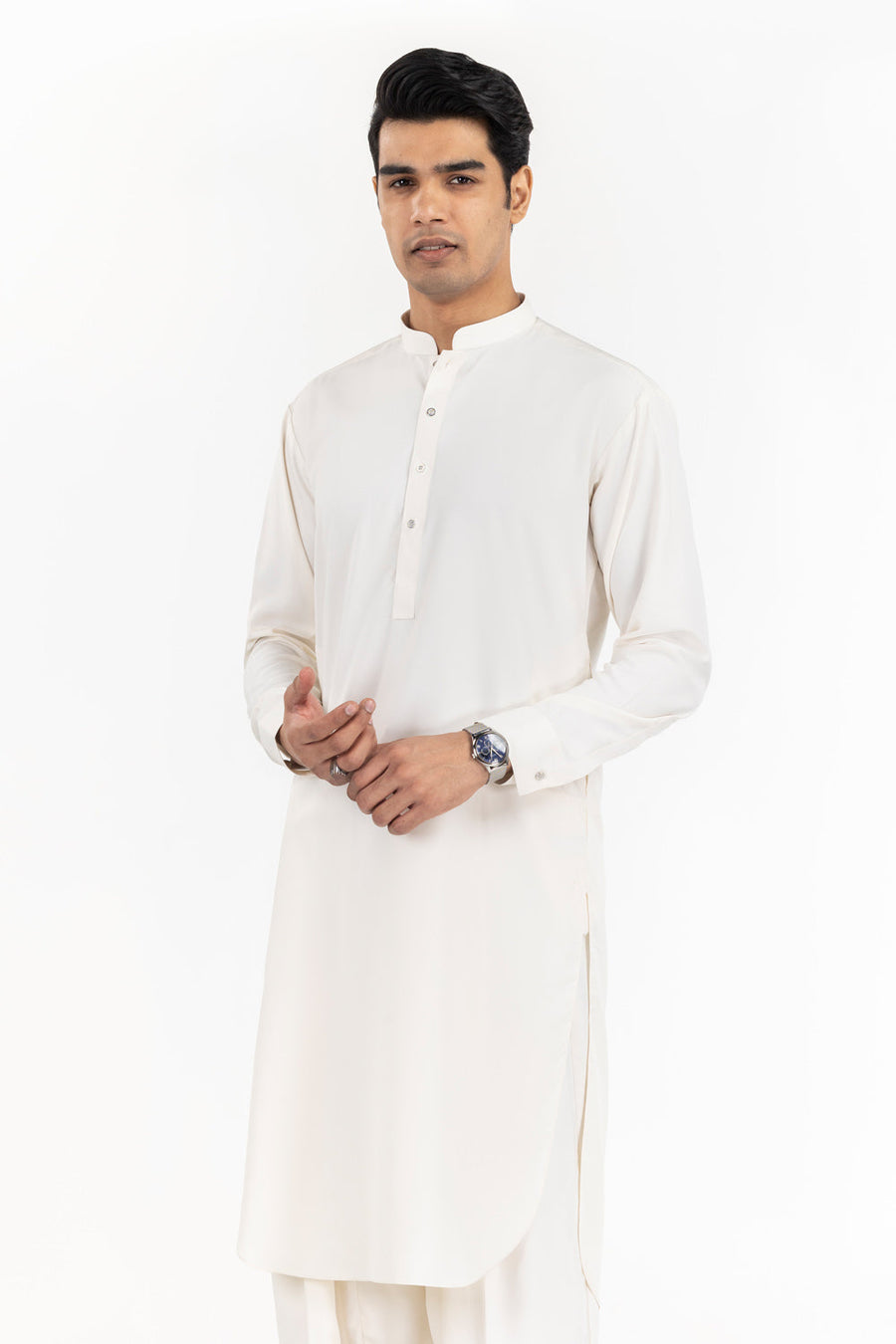 Ivory Cotton Blend 2-Piece Kurta Set | Henley Neckline