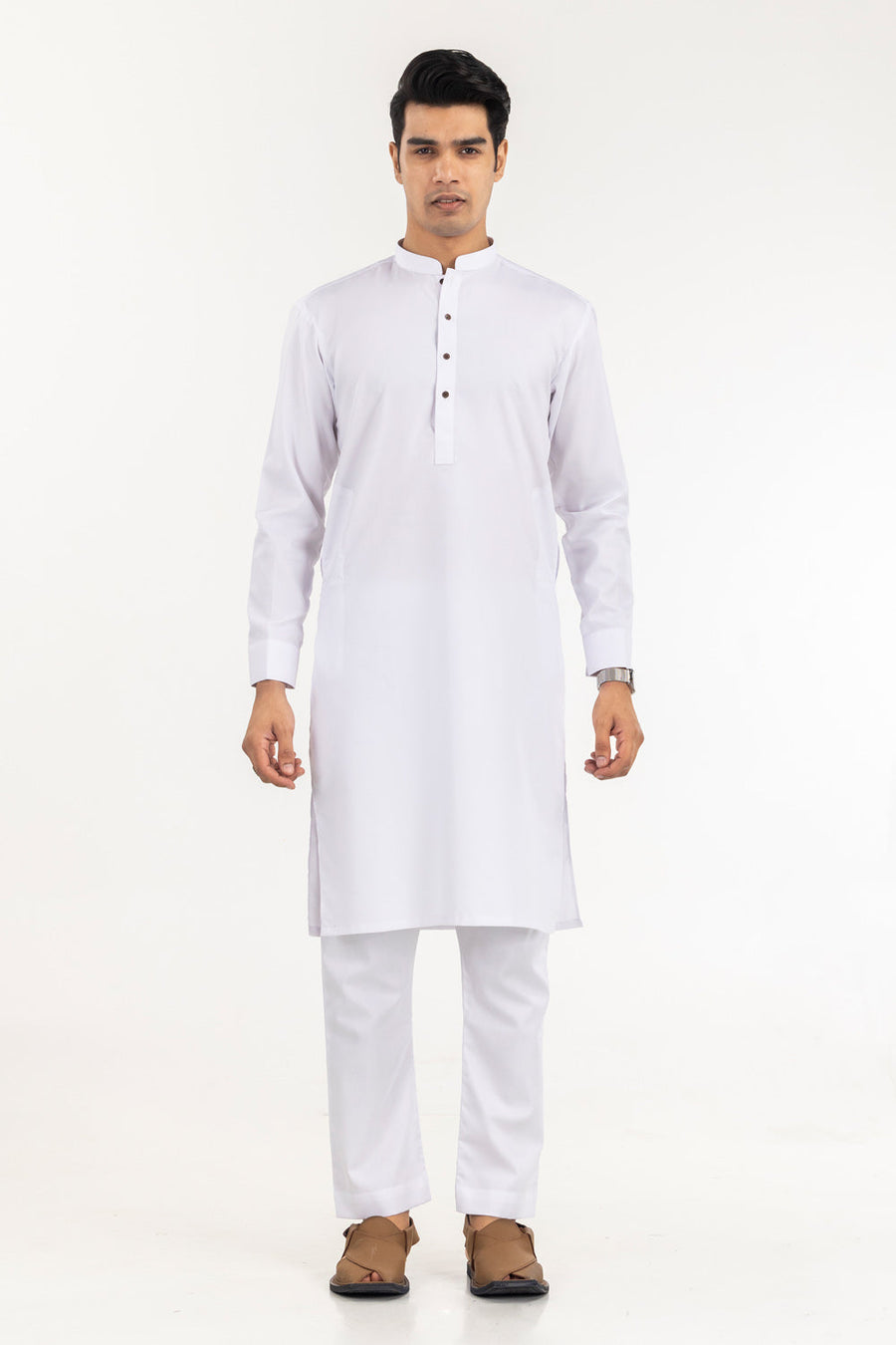 Off-white cotton blend kurta with mandarin collar, button detailing, and straight-cut silhouette