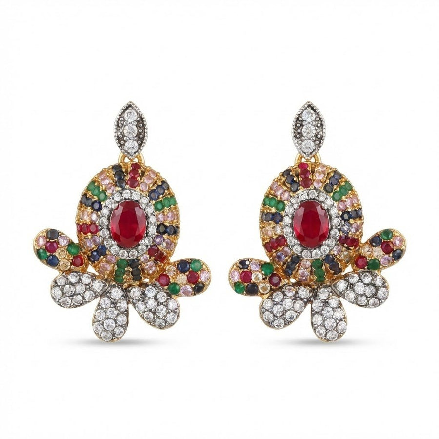 Pink sapphire floral gemstone stud earrings with detailed multicolor stones on white background