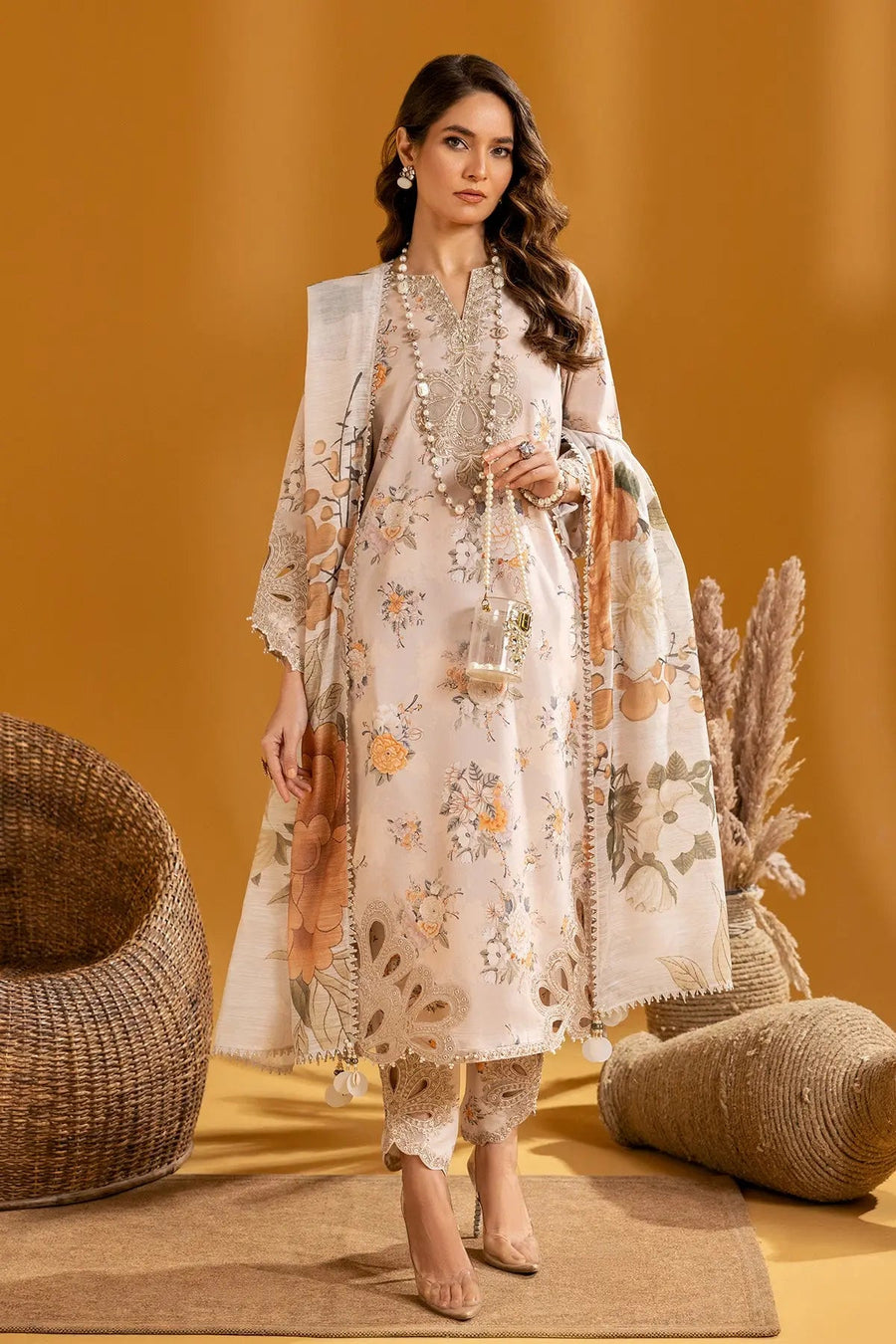 Blush Meadow – Embroidered Floral Printed Lawn 3-Piece Festive Suit - Pehnaawaa