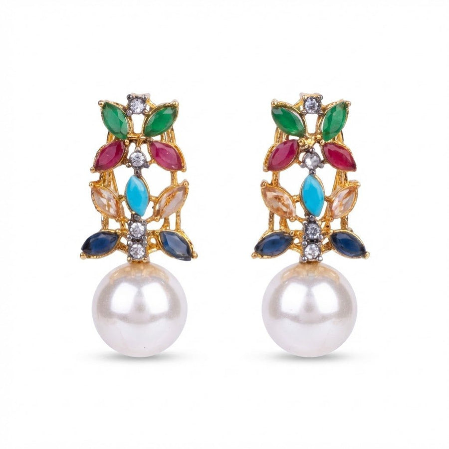 Pair of gold-tone drop earrings with multicolor marquise-cut stones and large white pearl at bottom on white background