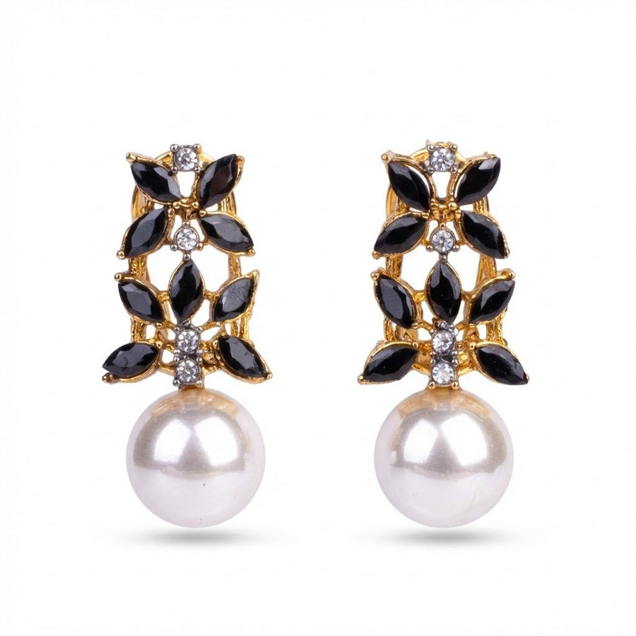 Bright turquoise marquise stones with pearl drop earrings on white background