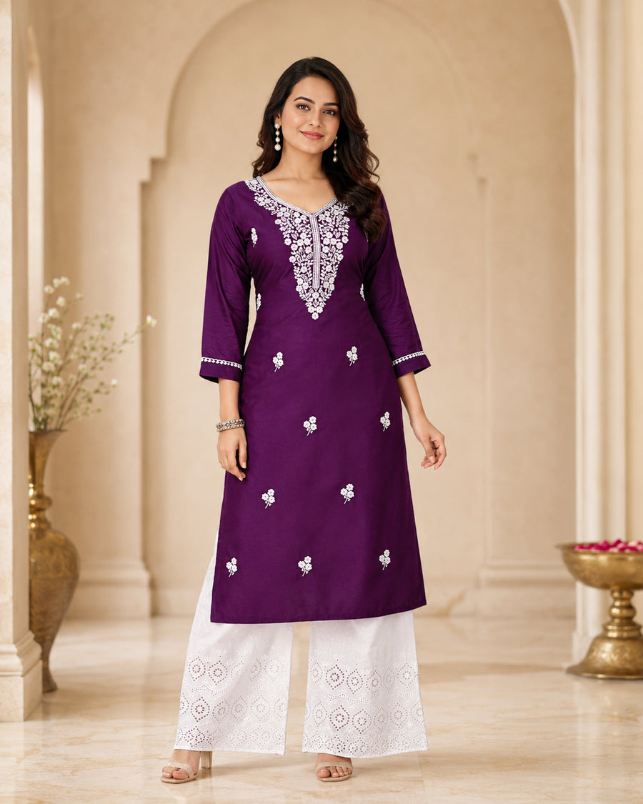Purple Lucknowi Chikankari embroidered Tesla slub top for women