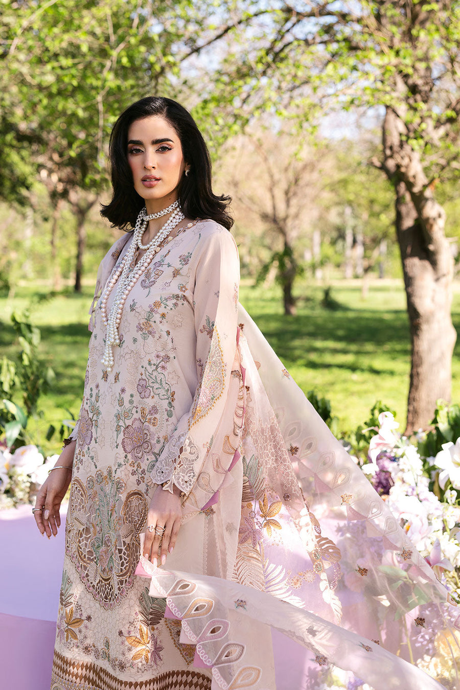 Blush Serenity Embroidered Lawn 3-Piece Suit with Embroidered Organza Dupatta - Pehnaawaa