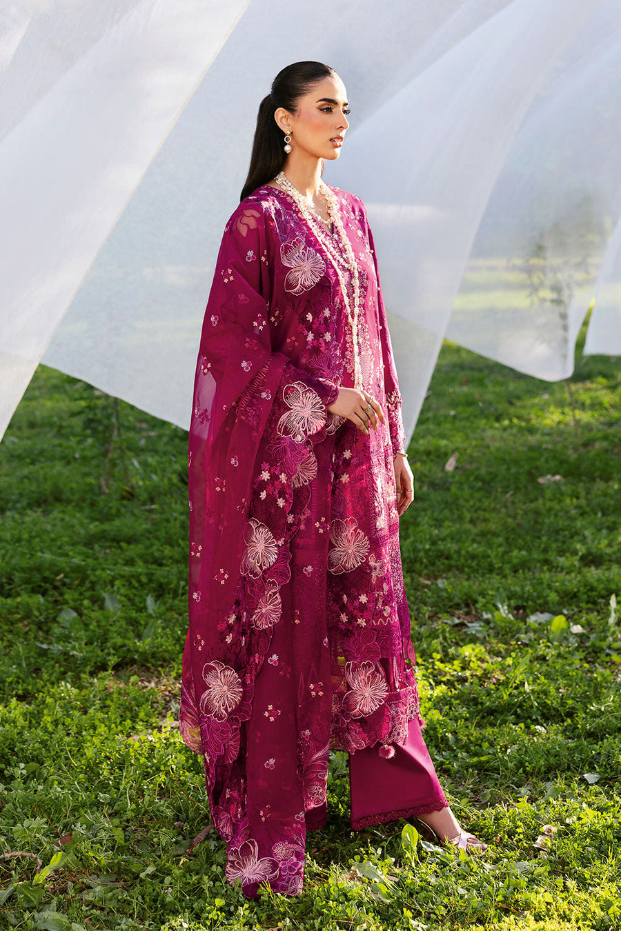 Fuchsia Grace Embroidered Lawn 3-Piece Suit with Embroidered Chiffon Dupatta - Pehnaawaa