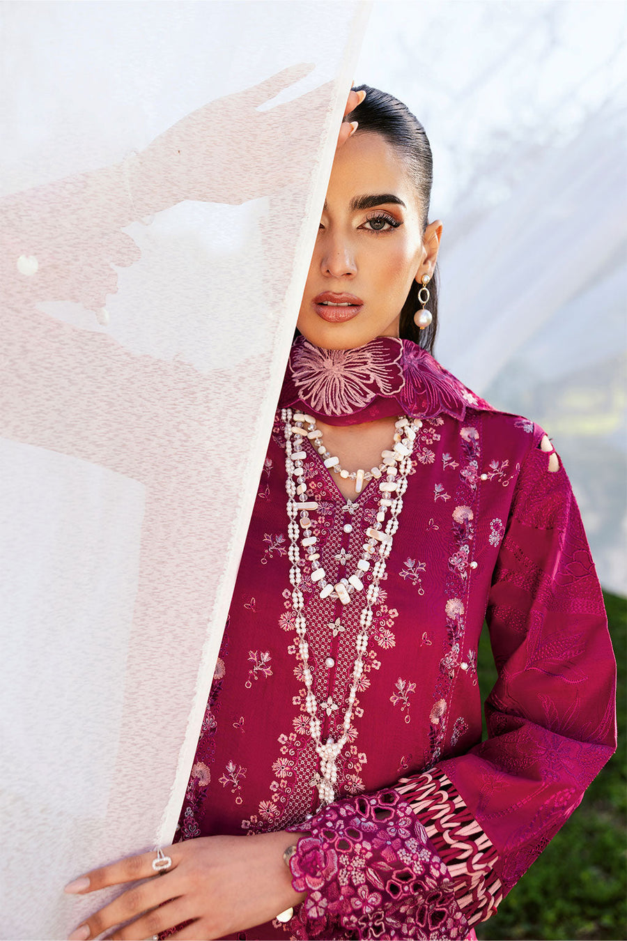 Fuchsia Grace Embroidered Lawn 3-Piece Suit with Embroidered Chiffon Dupatta - Pehnaawaa