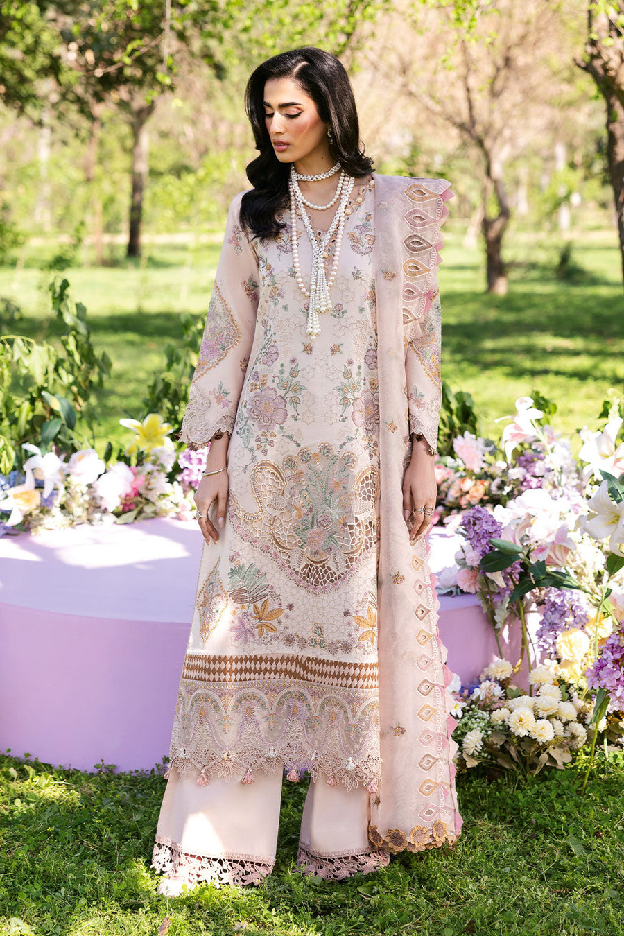 Blush Serenity Embroidered Lawn 3-Piece Suit with Embroidered Organza Dupatta - Pehnaawaa