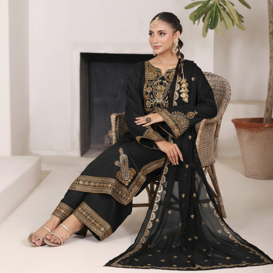 Black Gold Maherposh 3 Piece Embroidered Luxury Pret