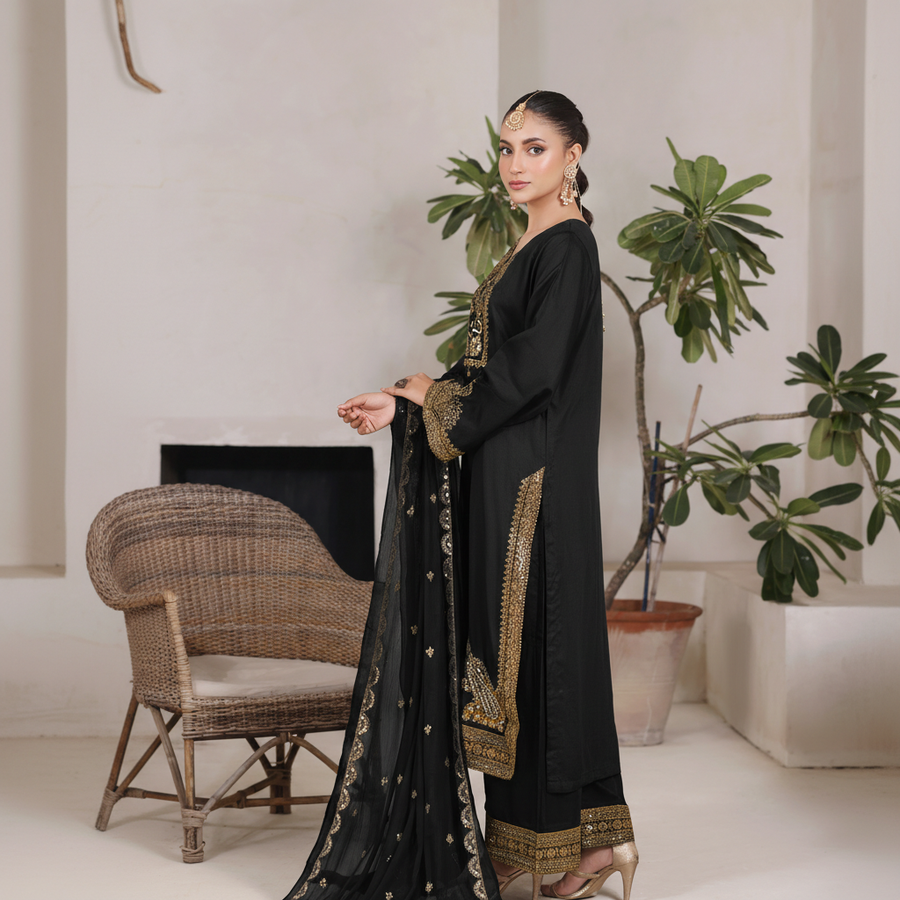Black Gold Maherposh 3 Piece Embroidered Luxury Pret