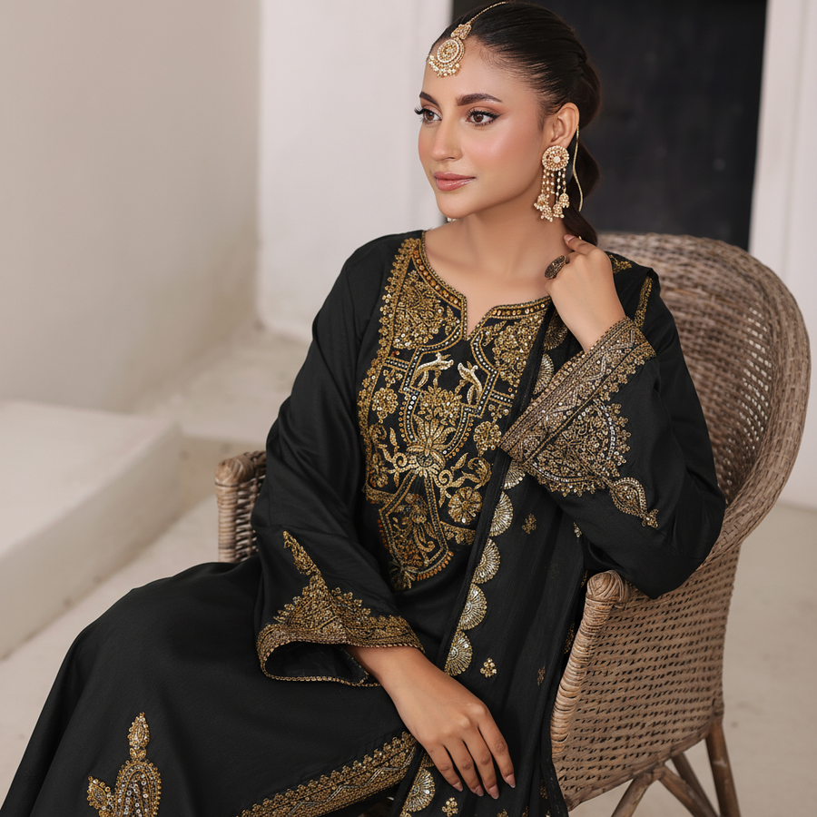 Black Gold Maherposh 3 Piece Embroidered Luxury Pret