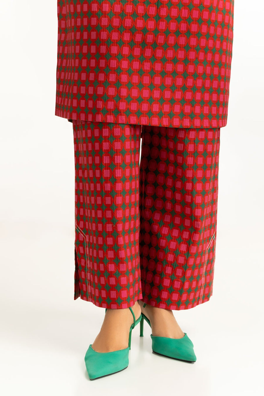Red Cotton 2-Piece Salwar Kameez | Geometric Check Print