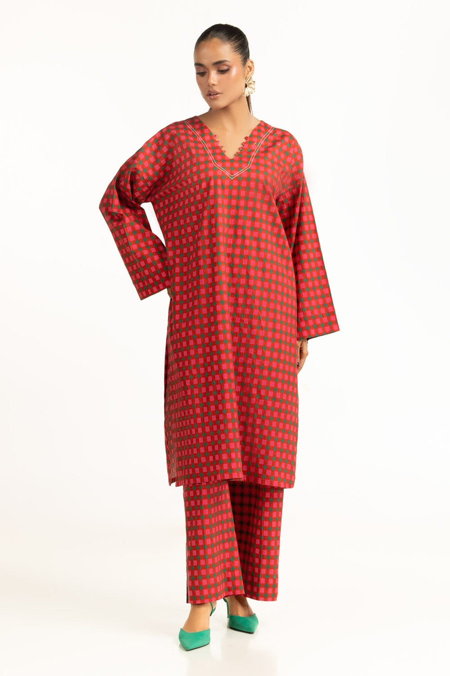 Red Cotton 2-Piece Salwar Kameez | Geometric Check Print