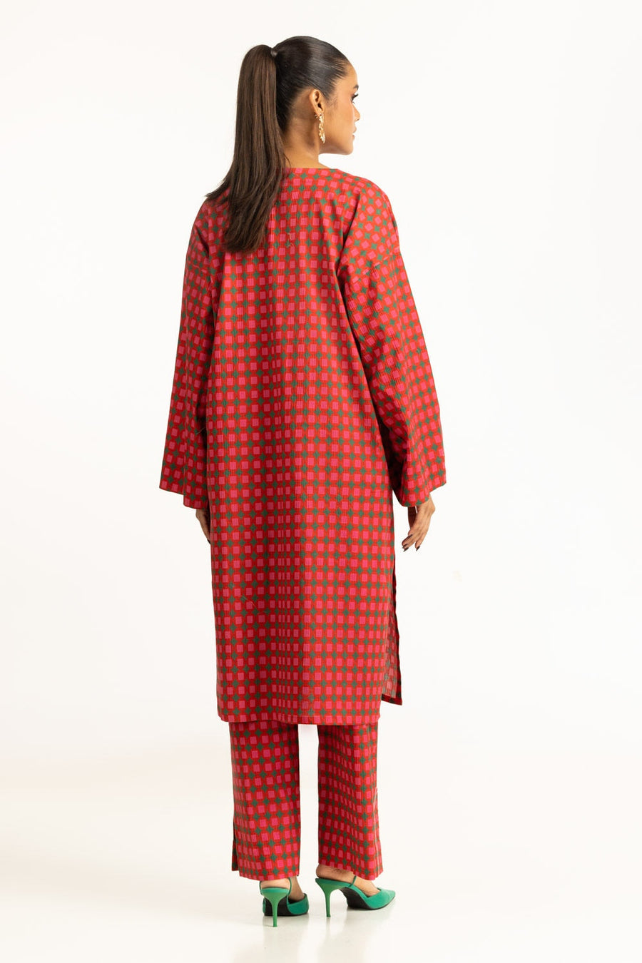 Red Cotton 2-Piece Salwar Kameez | Geometric Check Print