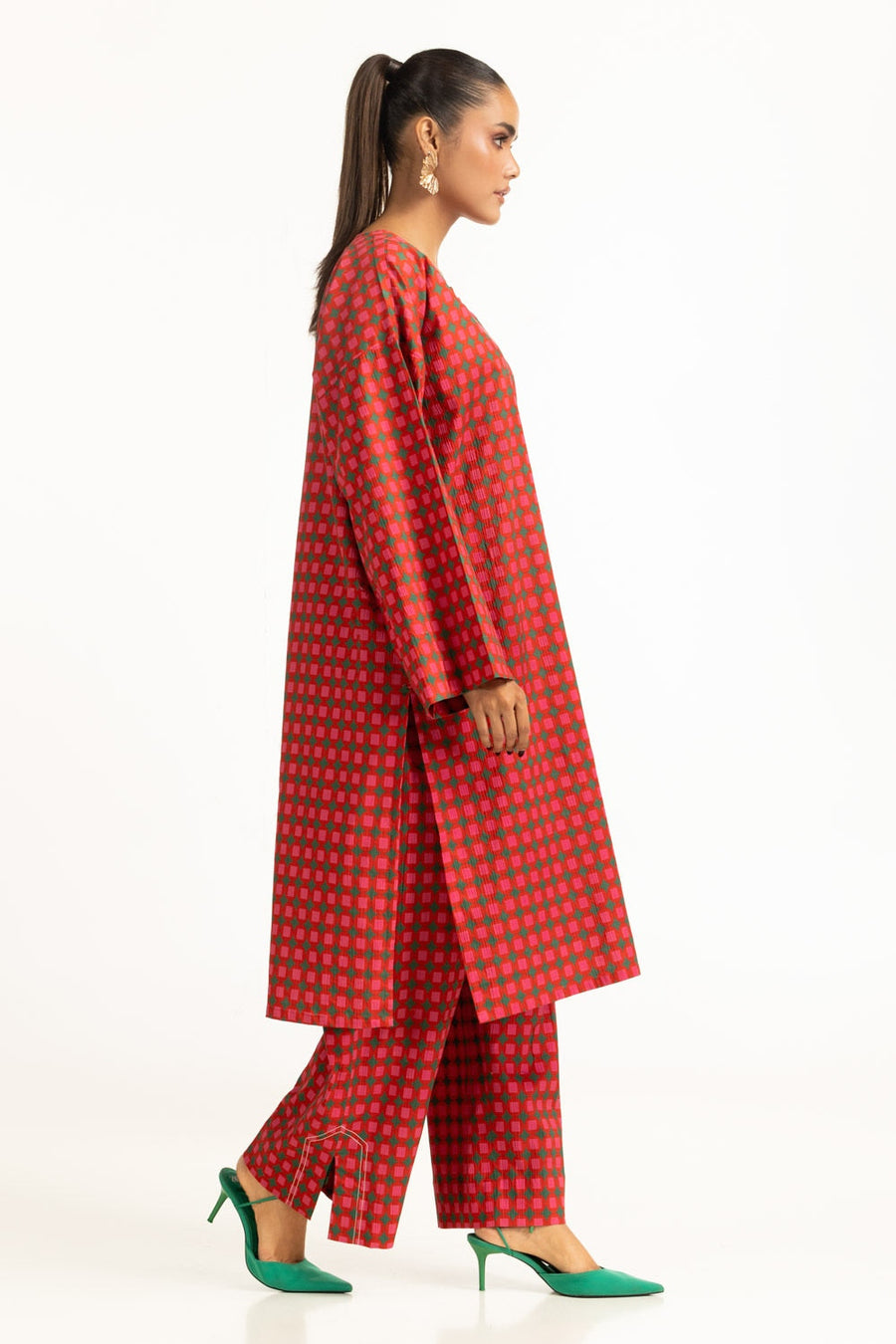 Red Cotton 2-Piece Salwar Kameez | Geometric Check Print