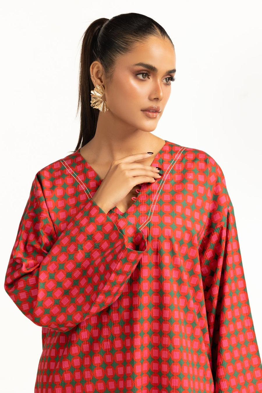 Red Cotton 2-Piece Salwar Kameez | Geometric Check Print