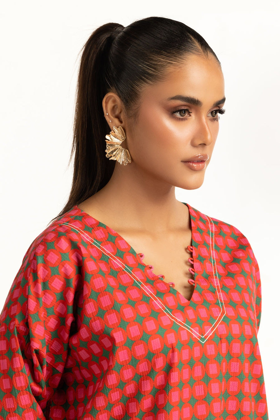 Red Cotton 2-Piece Salwar Kameez | Geometric Check Print