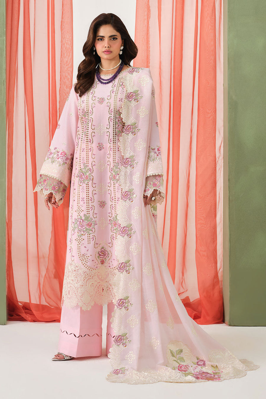 Rose Whisper Embroidered Lawn 3-Piece Suit with Embroidered Cotton Net Dupatta - Pehnaawaa