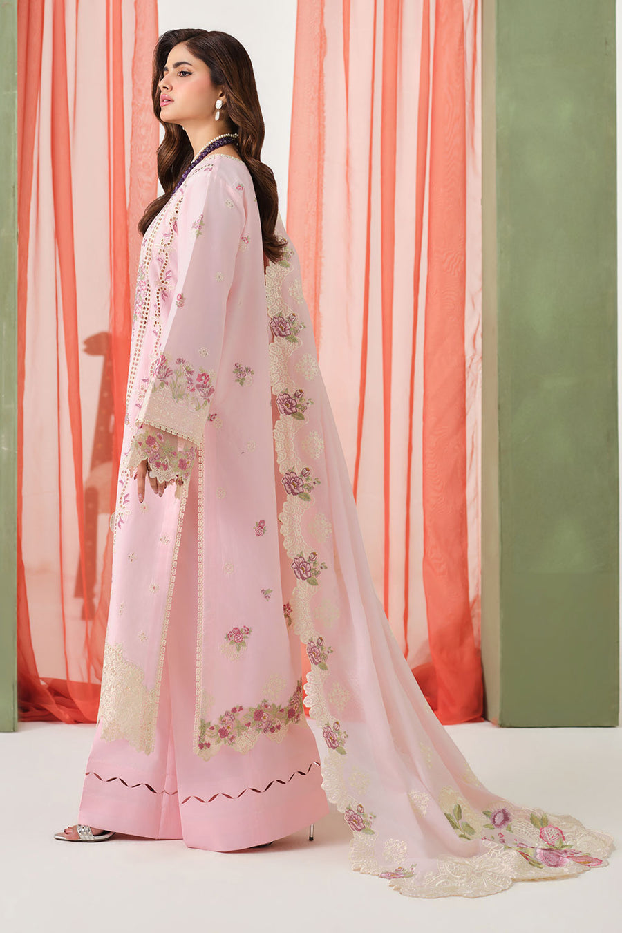 Rose Whisper Embroidered Lawn 3-Piece Suit with Embroidered Cotton Net Dupatta - Pehnaawaa
