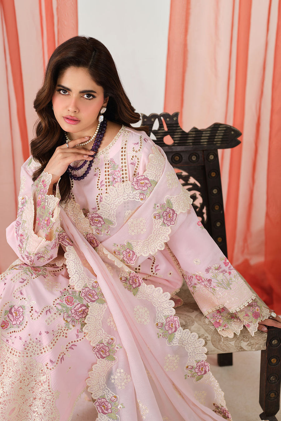 Rose Whisper Embroidered Lawn 3-Piece Suit with Embroidered Cotton Net Dupatta - Pehnaawaa