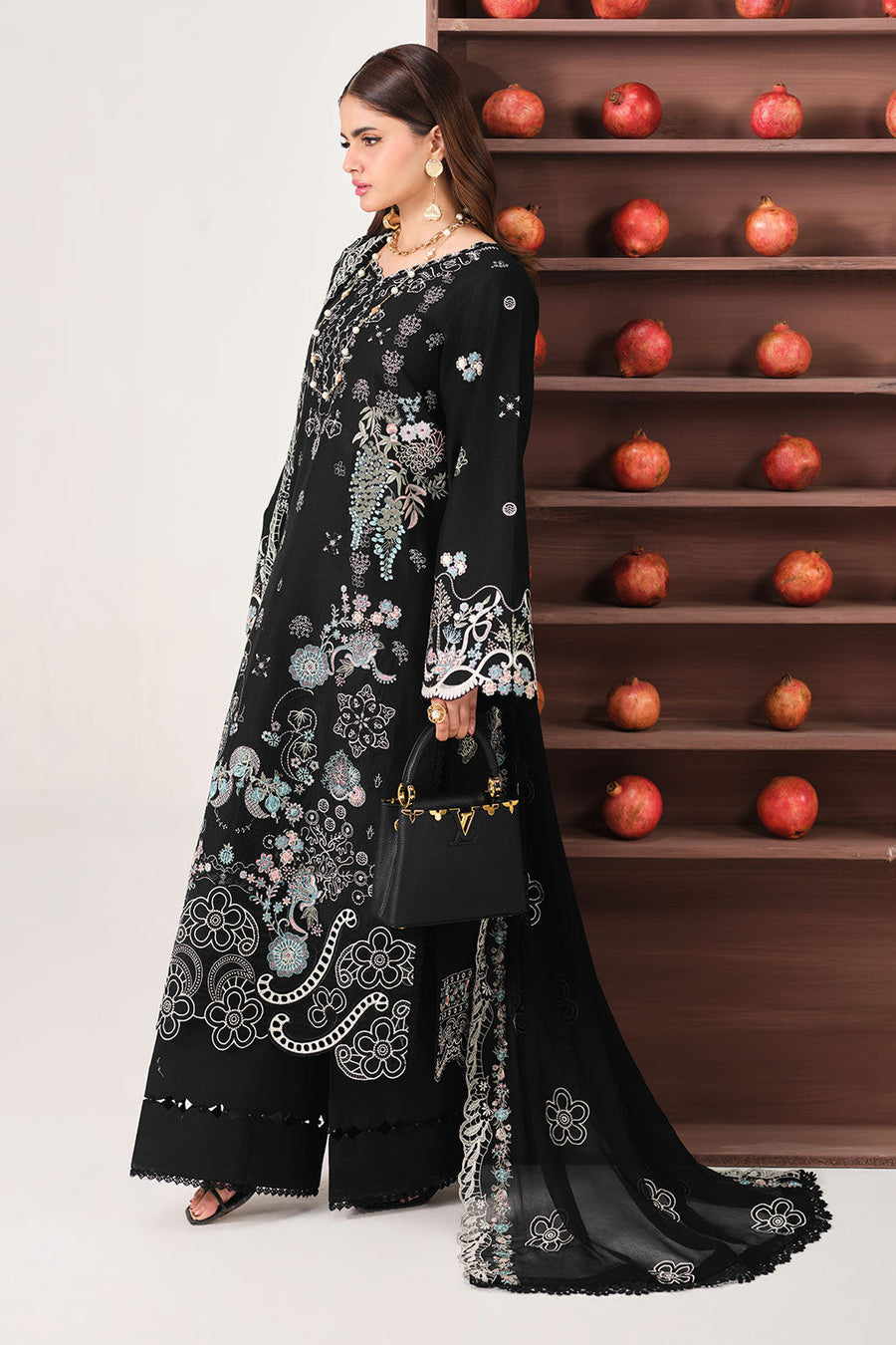 Black Multicolour Embroidered Lawn Suit with Chiffon Dupatta