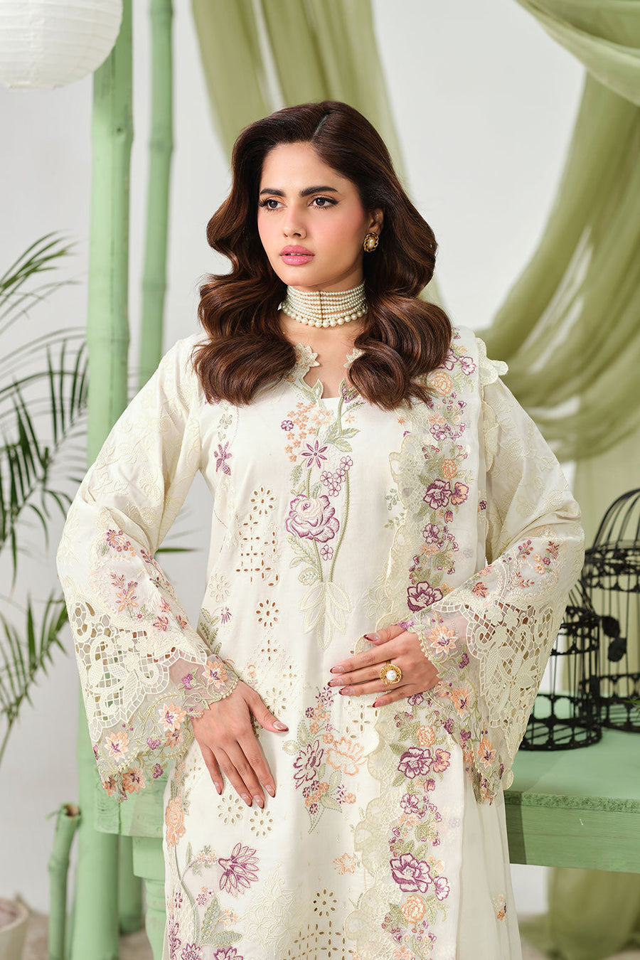 Ivory Multicolour Embroidered Lawn Suit with Chiffon Dupatta