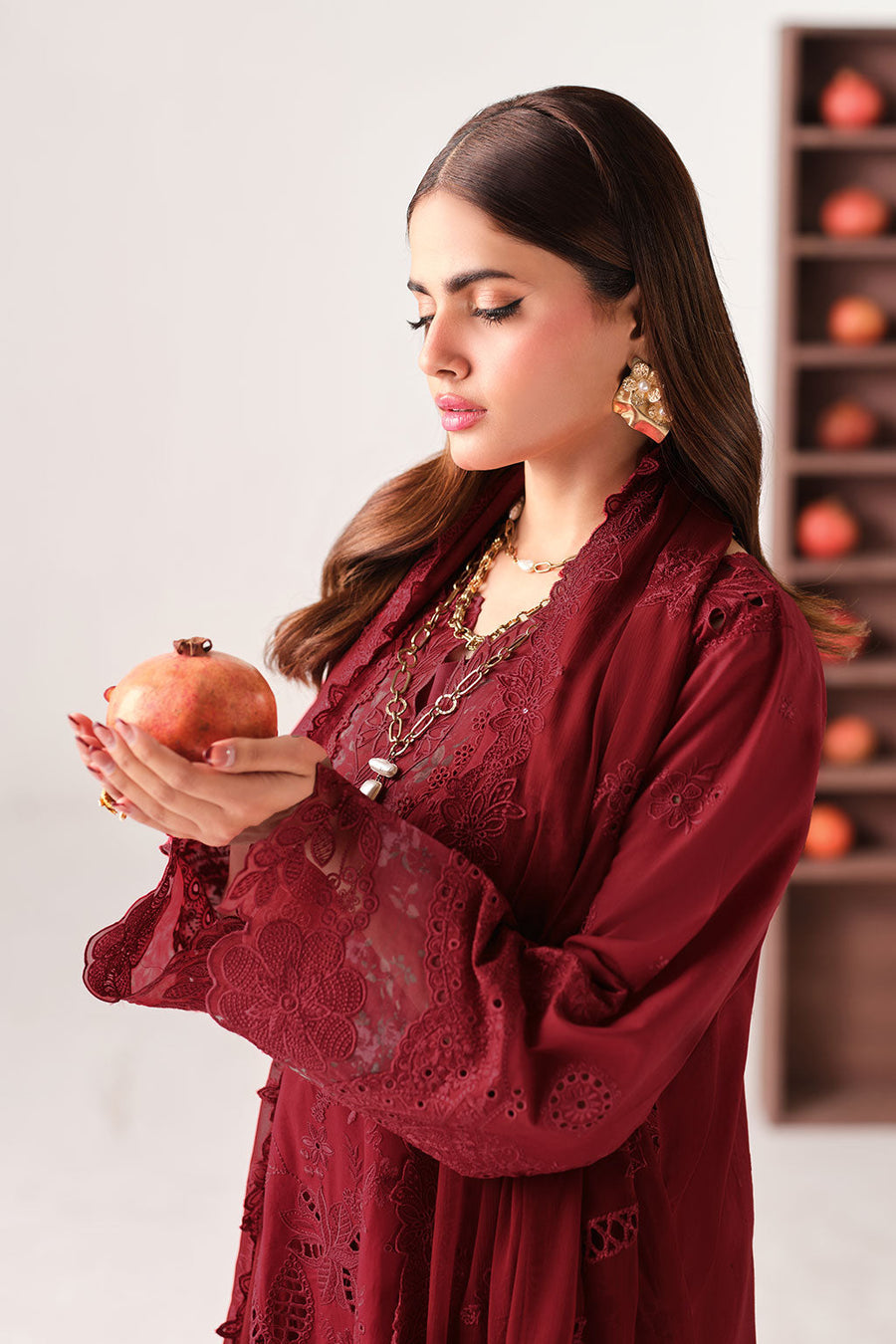 Deep Maroon Embroidered Lawn Suit with Chiffon Dupatta