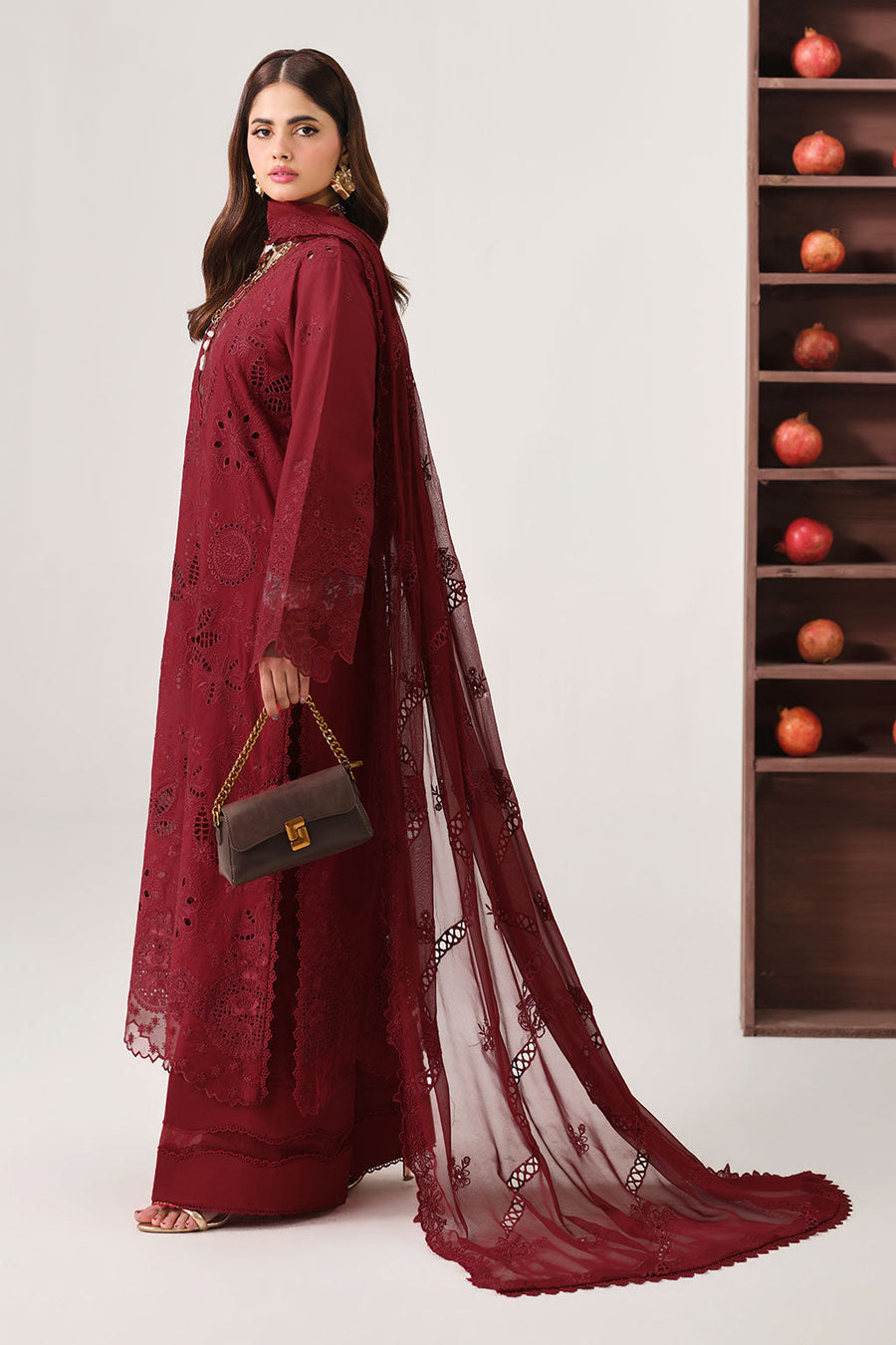 Deep Maroon Embroidered Lawn Suit with Chiffon Dupatta