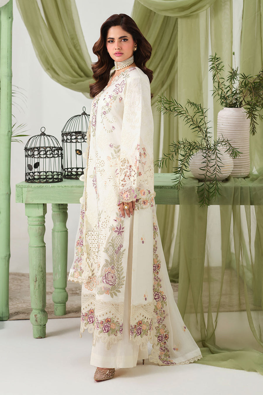 Ivory Multicolour Embroidered Lawn Suit with Chiffon Dupatta
