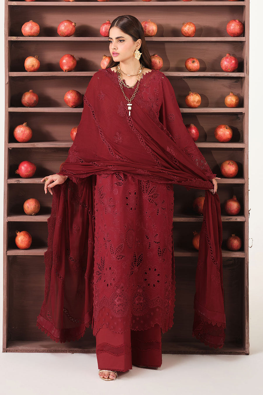 Deep Maroon Embroidered Lawn Suit with Chiffon Dupatta