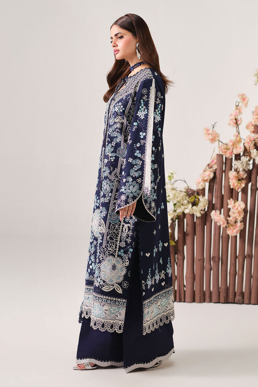 Navy Blue Embroidered Lawn Suit with Silk Patches and Chiffon Dupatta