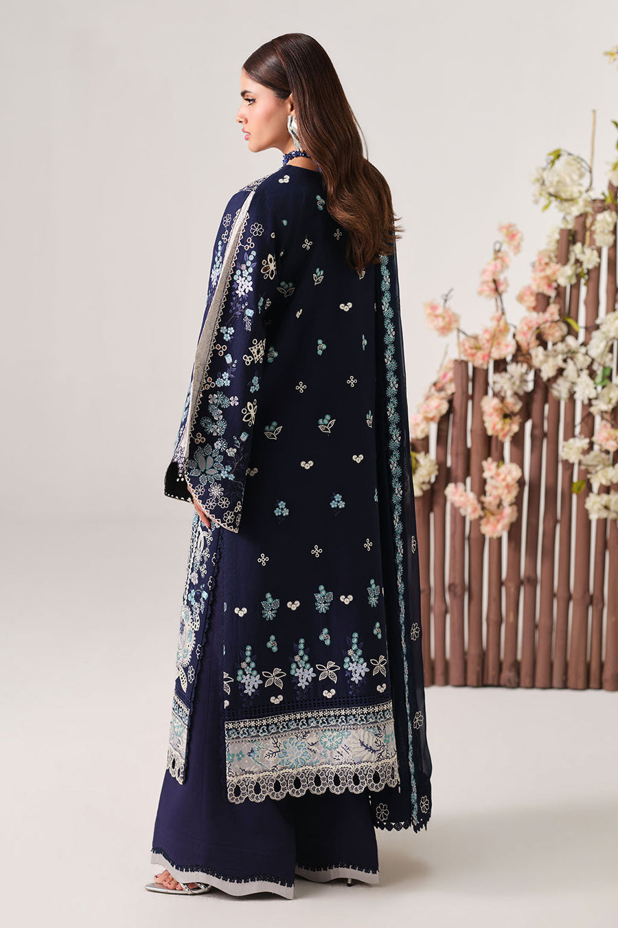 Navy Blue Embroidered Lawn Suit with Silk Patches and Chiffon Dupatta