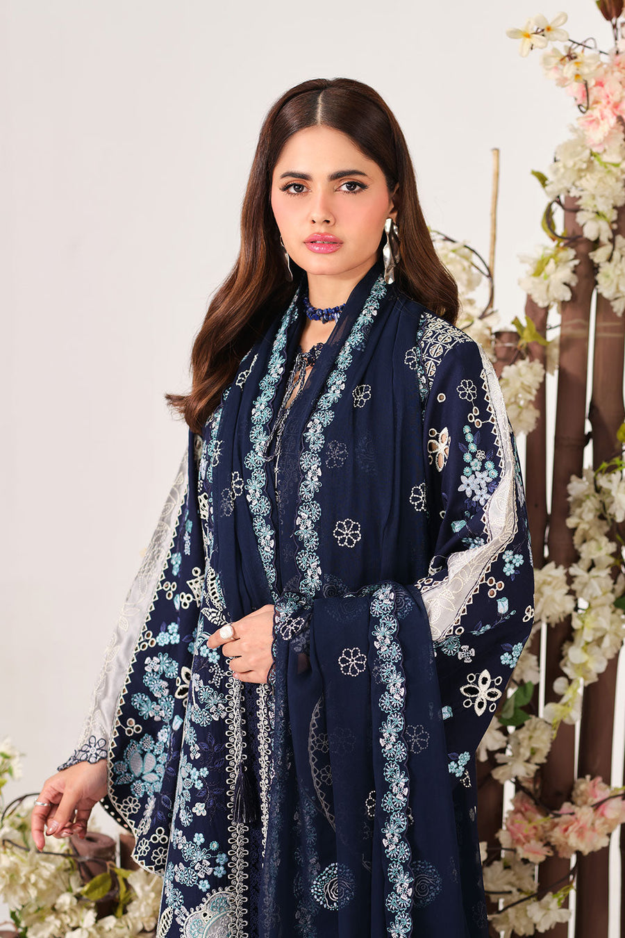 Navy Blue Embroidered Lawn Suit with Silk Patches and Chiffon Dupatta