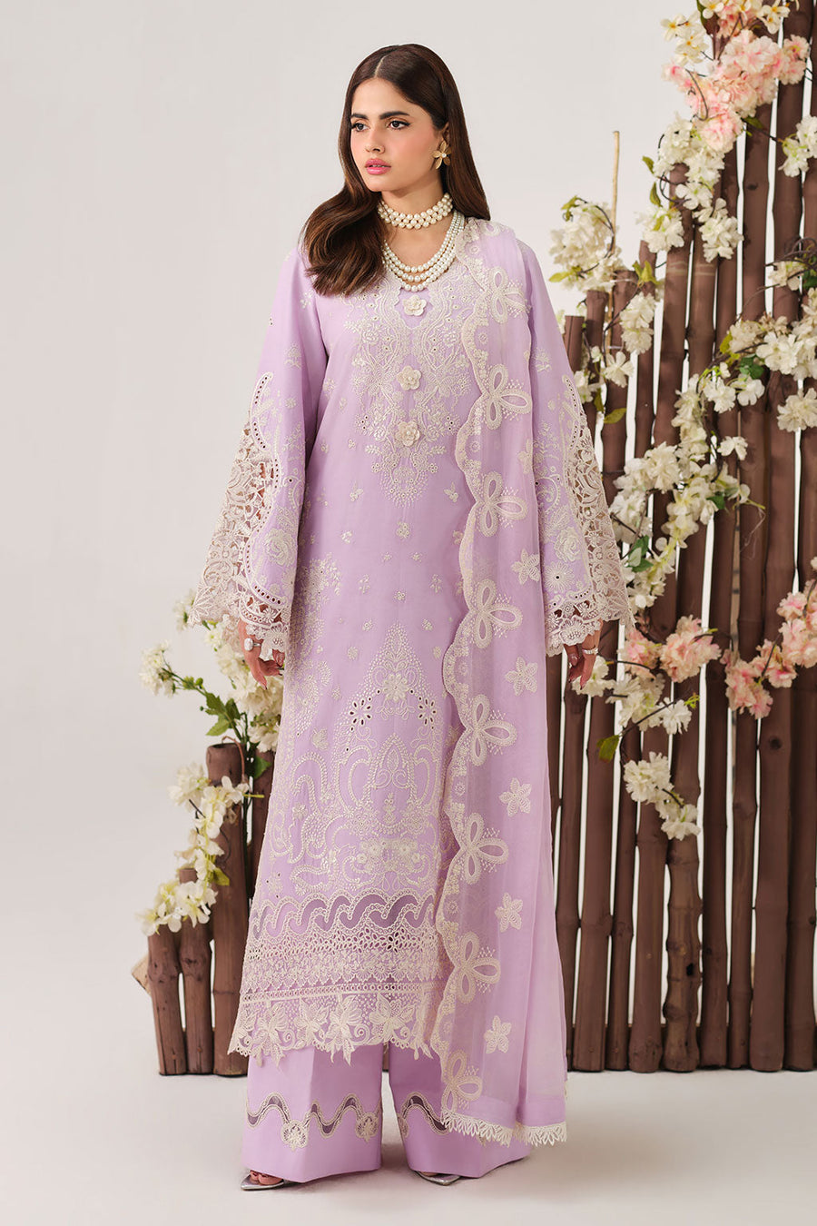 Lilac Embroidered Lawn Suit with Chiffon Dupatta and Organza Trouser Border