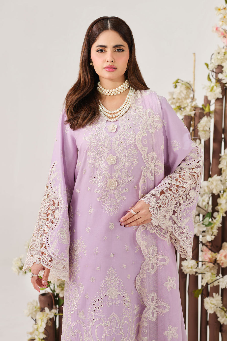Lilac Embroidered Lawn Suit with Chiffon Dupatta and Organza Trouser Border