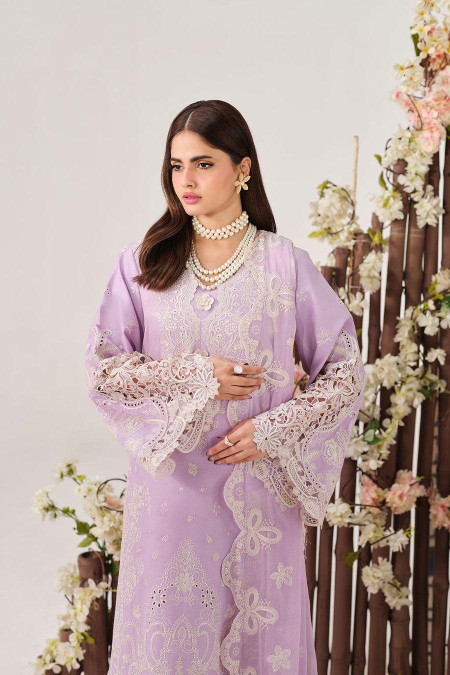 Lilac Embroidered Lawn Suit with Chiffon Dupatta and Organza Trouser Border