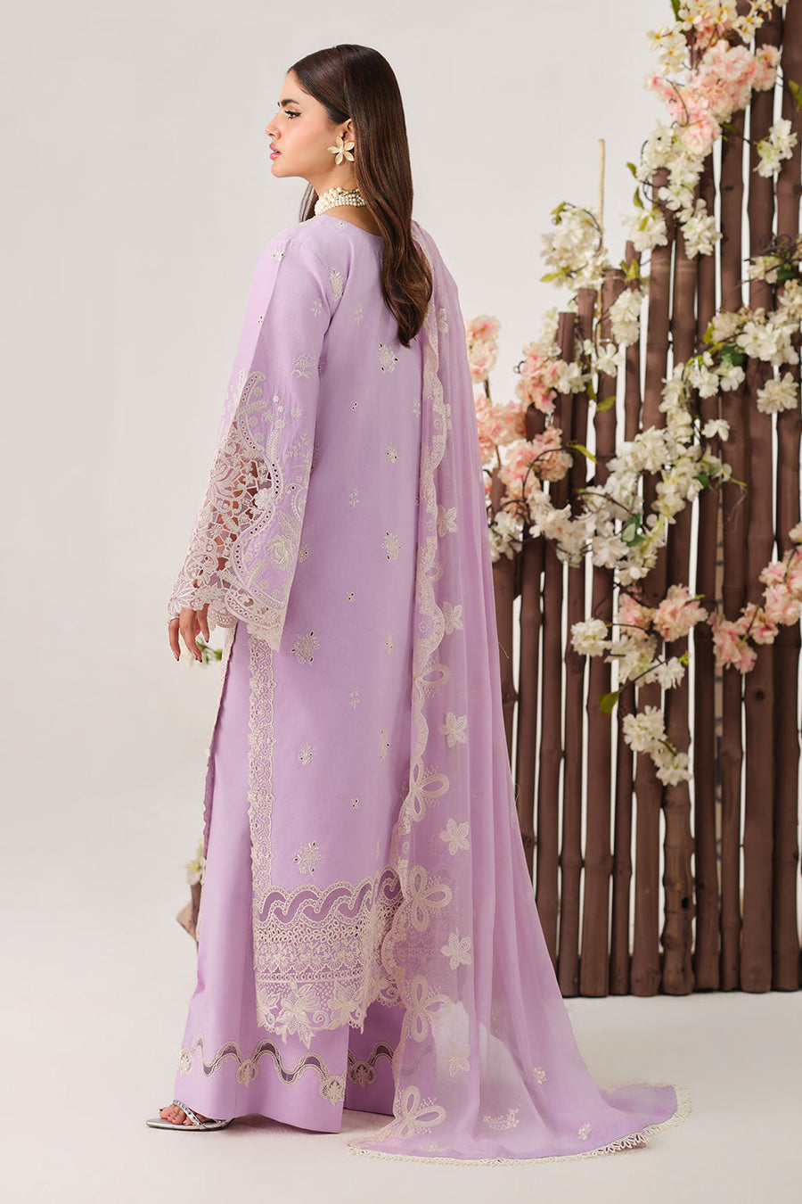Lilac Embroidered Lawn Suit with Chiffon Dupatta and Organza Trouser Border
