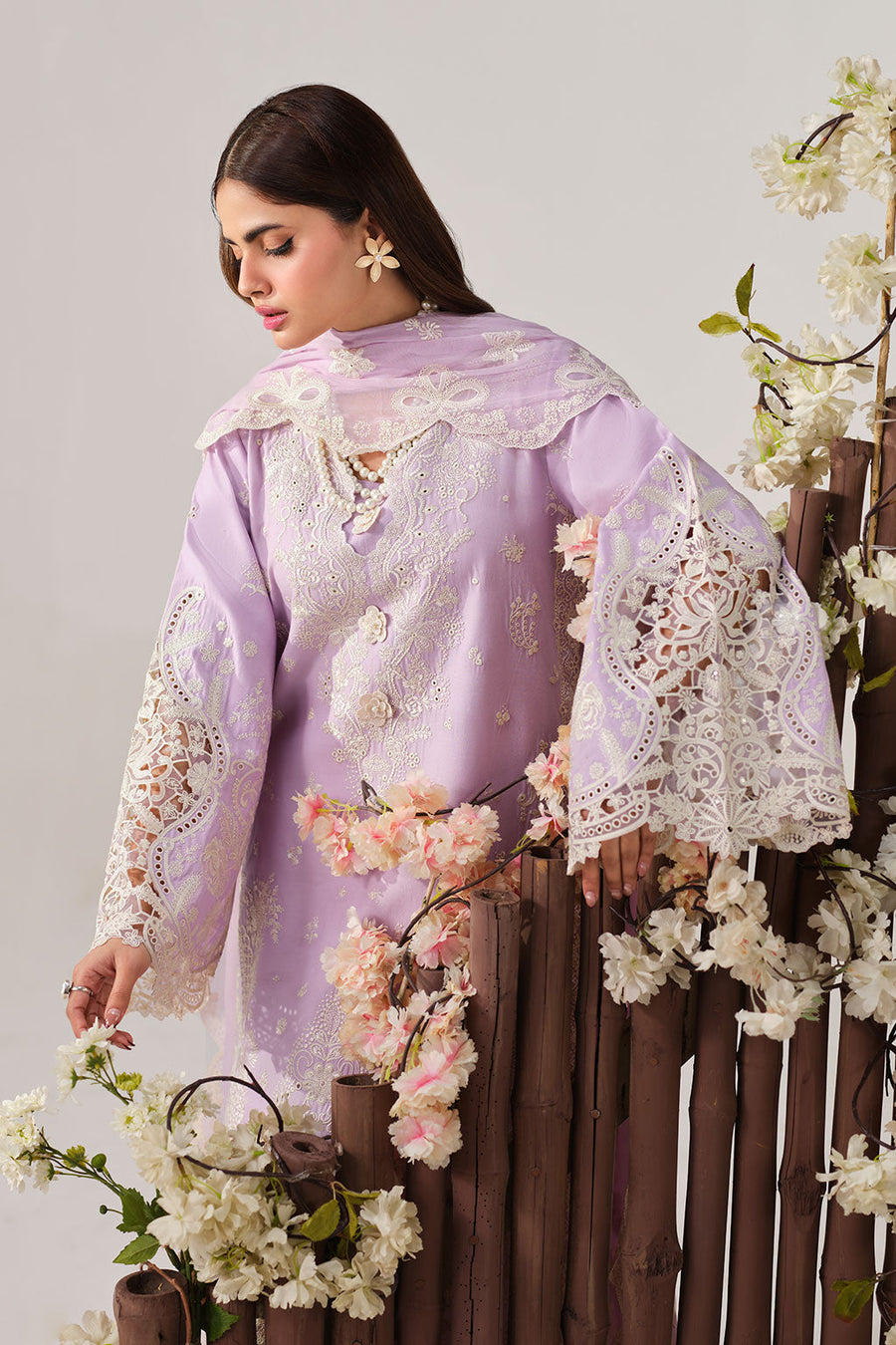 Lilac Embroidered Lawn Suit with Chiffon Dupatta and Organza Trouser Border