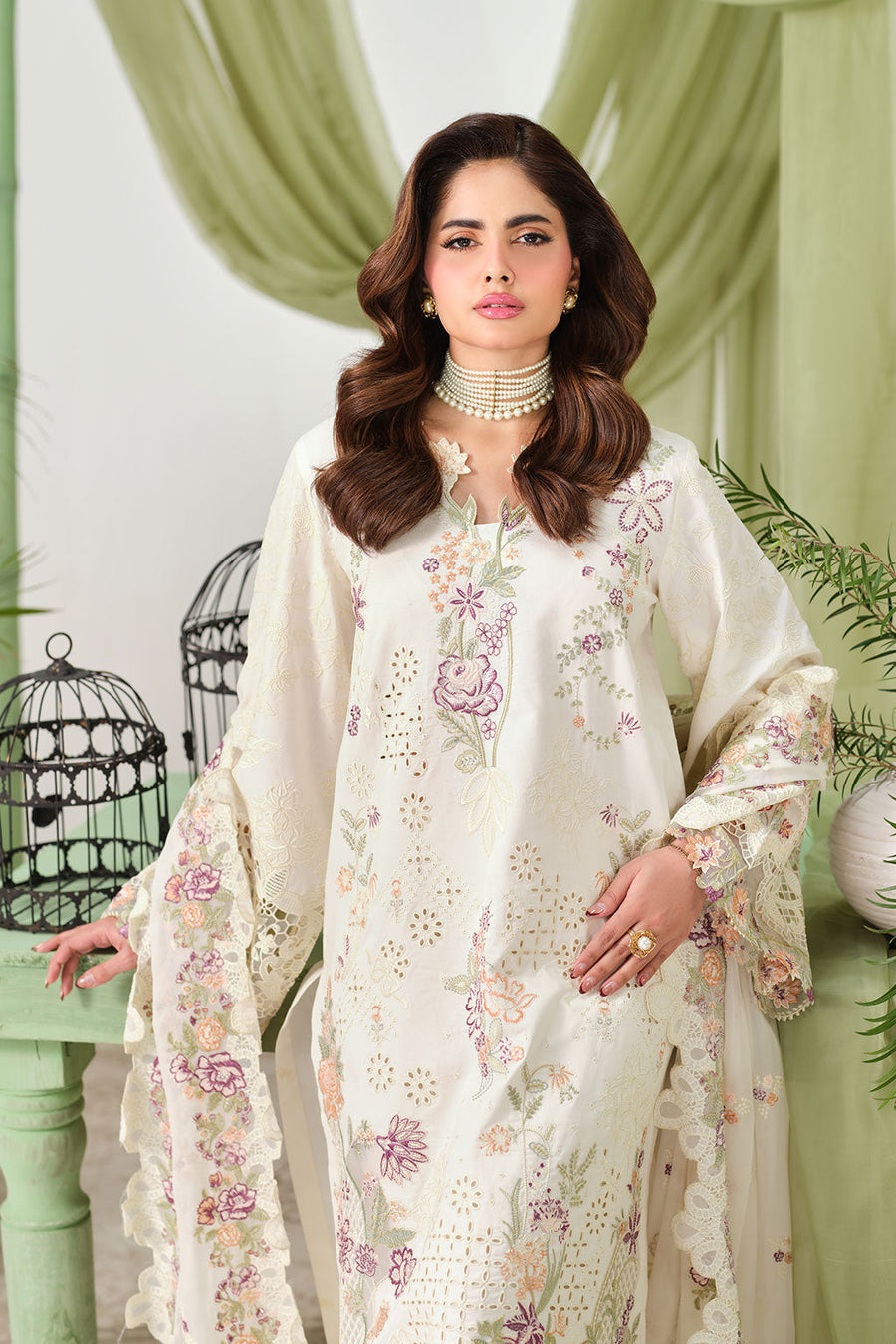 Ivory Multicolour Embroidered Lawn Suit with Chiffon Dupatta