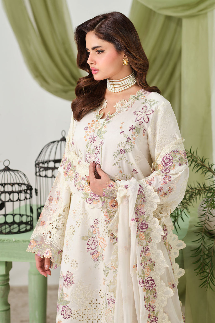 Ivory Multicolour Embroidered Lawn Suit with Chiffon Dupatta