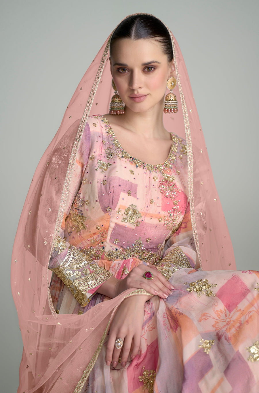 Pink Chinon Anarkali Suit with Embroidery & Mirror Work