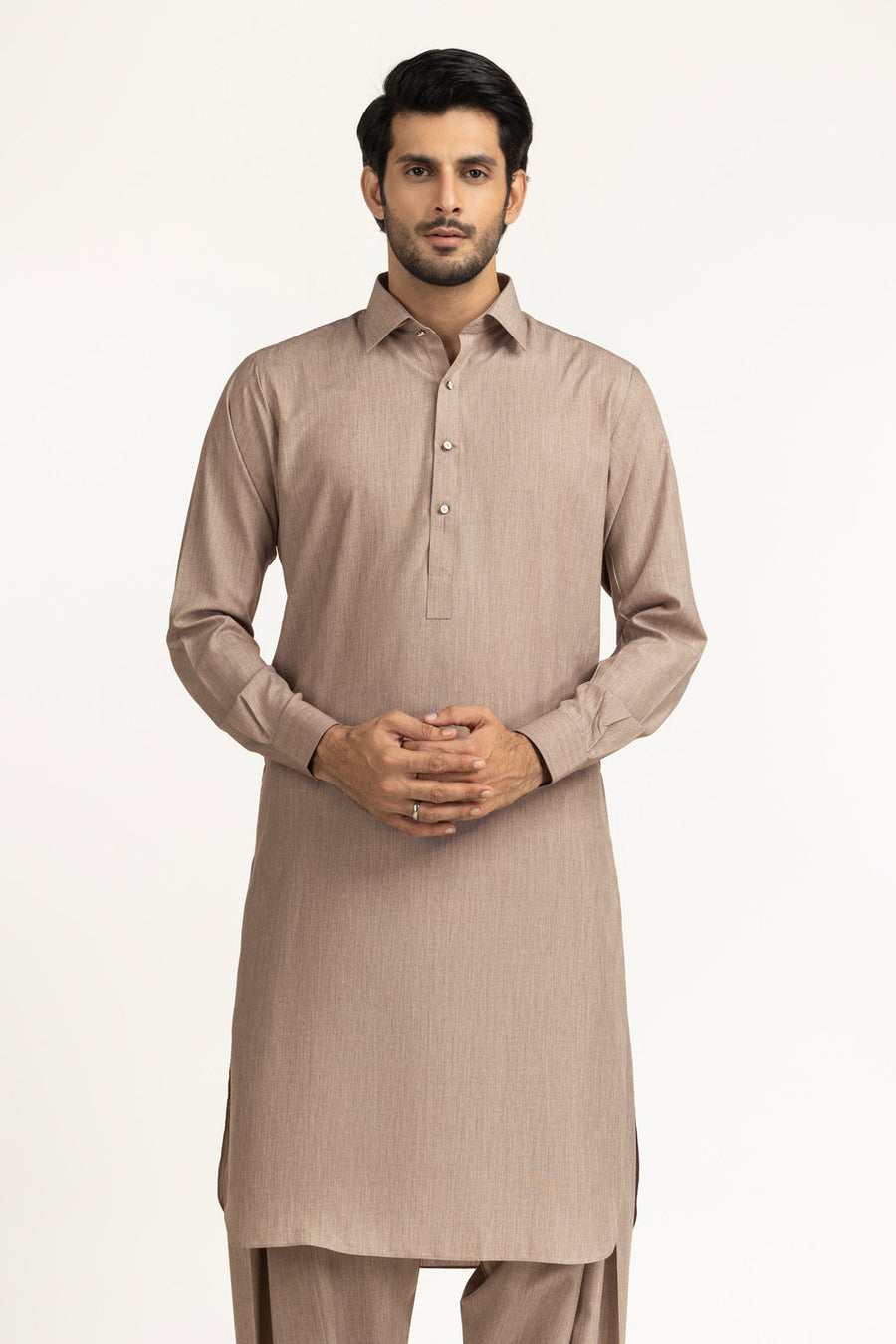 Beige Cotton 2-Piece Men's Salwar Kameez | Collar Placket - Pehnaawaa