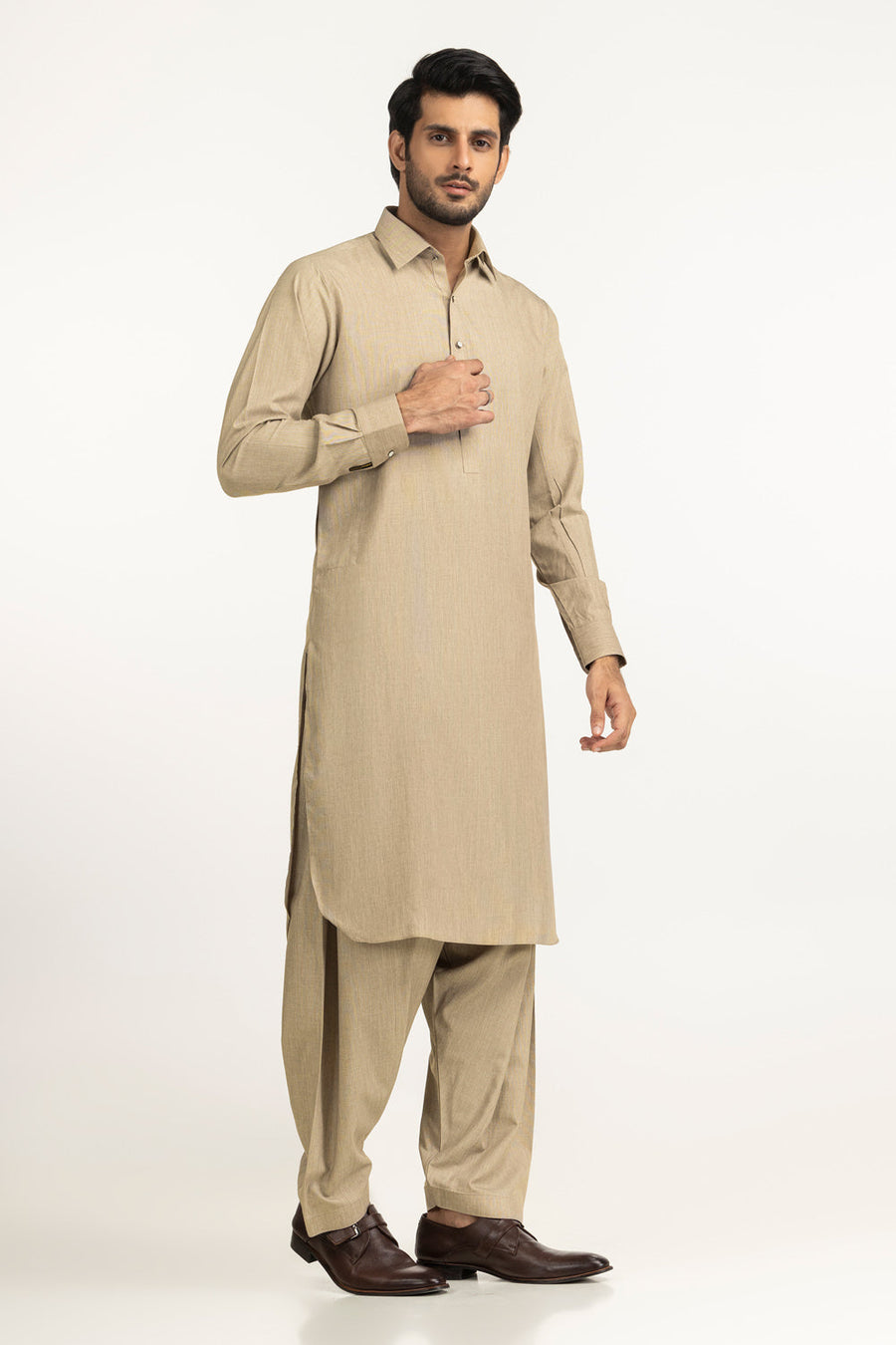 Beige Cotton 2-Piece Men's Salwar Kameez | Collar Placket - Pehnaawaa
