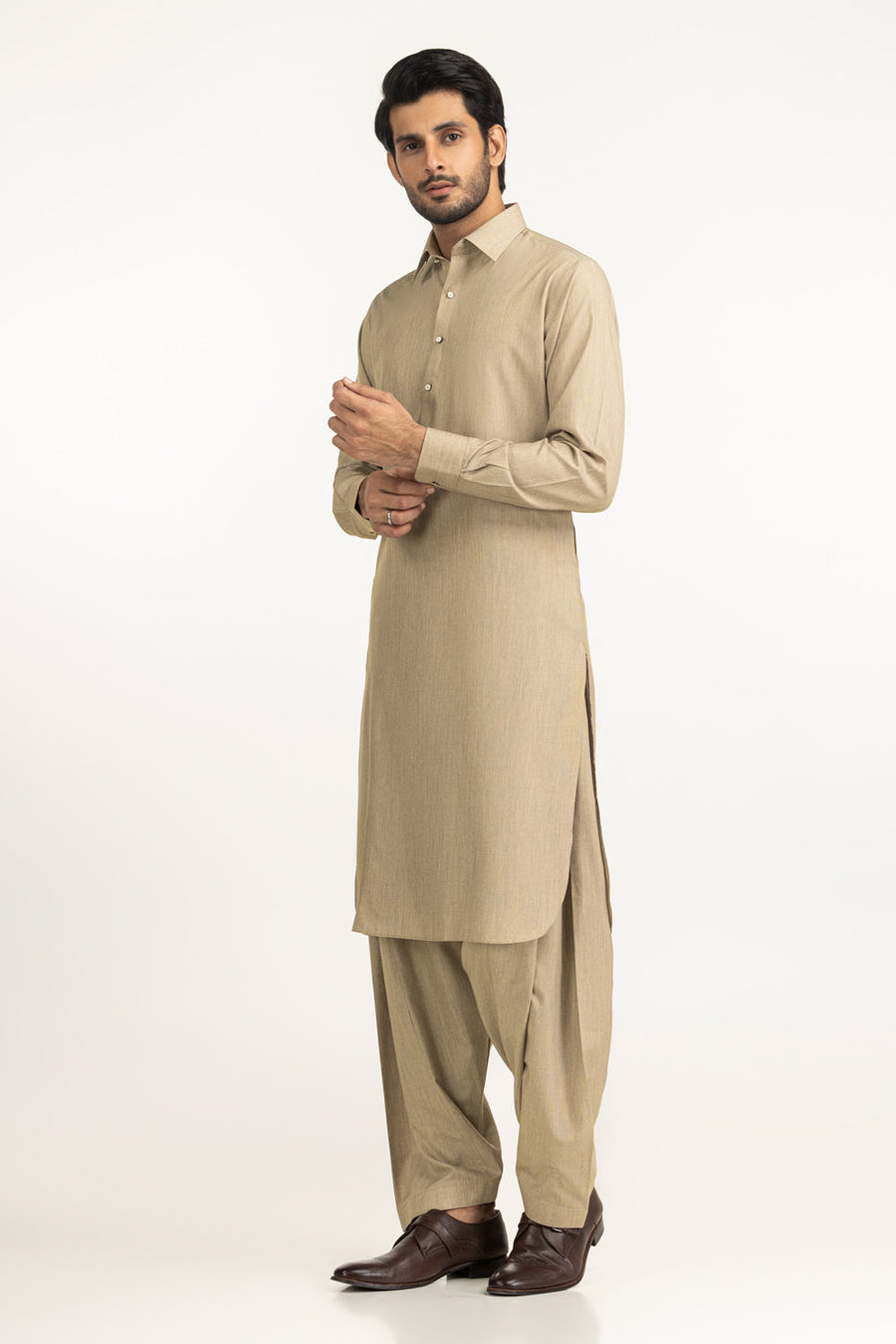 Beige Cotton 2-Piece Men's Salwar Kameez | Collar Placket - Pehnaawaa