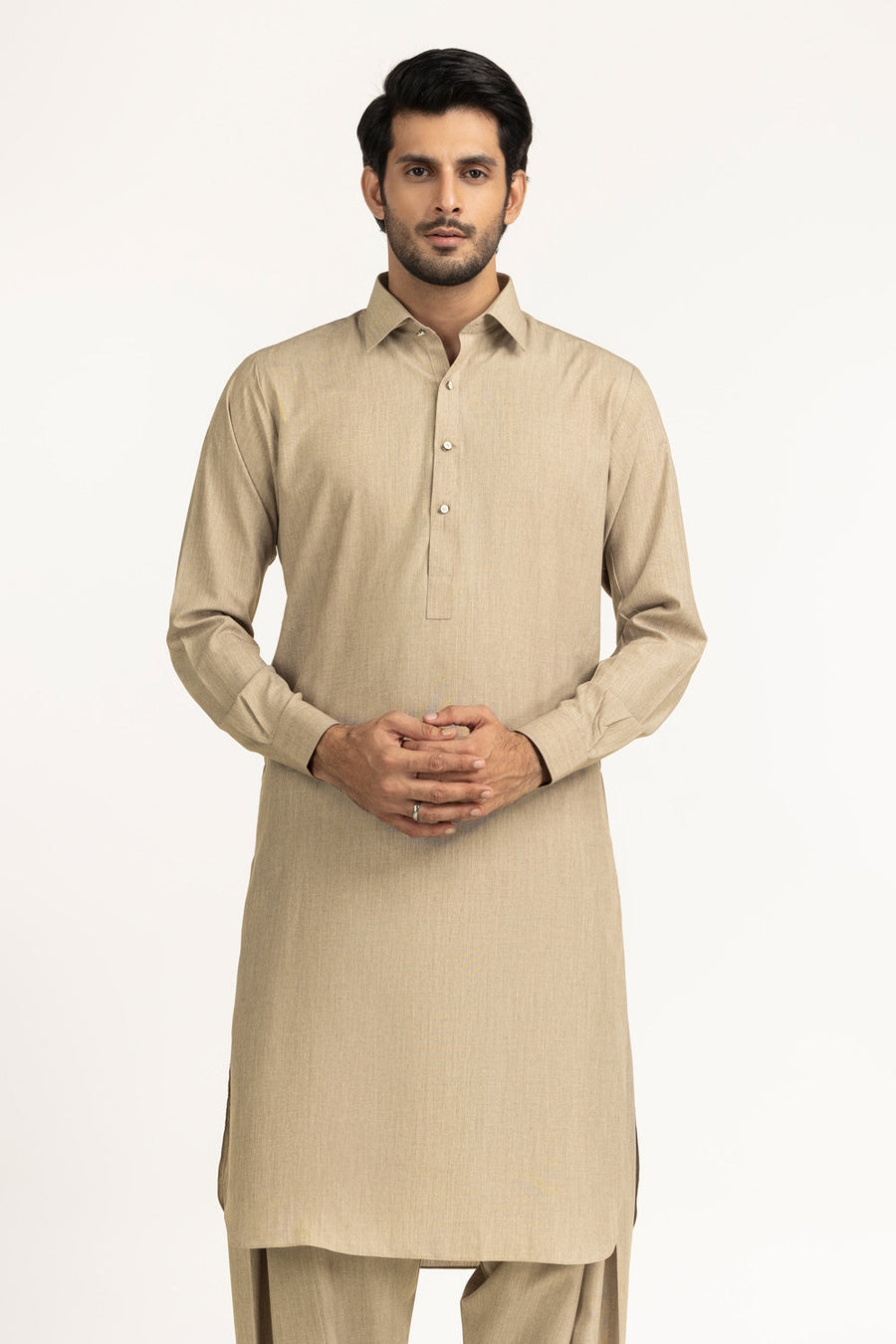 Beige Cotton 2-Piece Men's Salwar Kameez | Collar Placket - Pehnaawaa