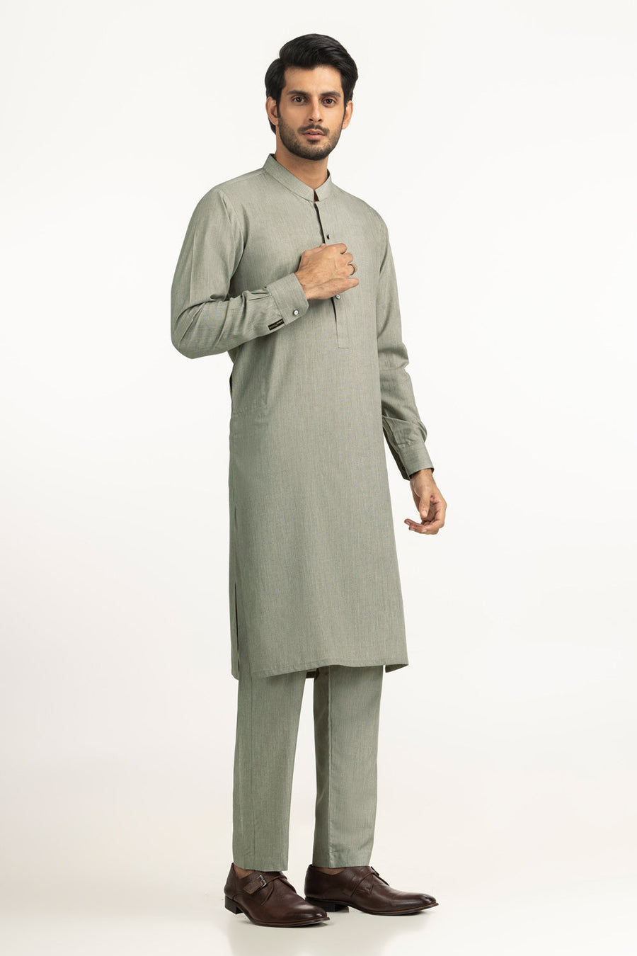 Beige Cotton 2-Piece Men's Salwar Kameez | Collar Placket - Pehnaawaa