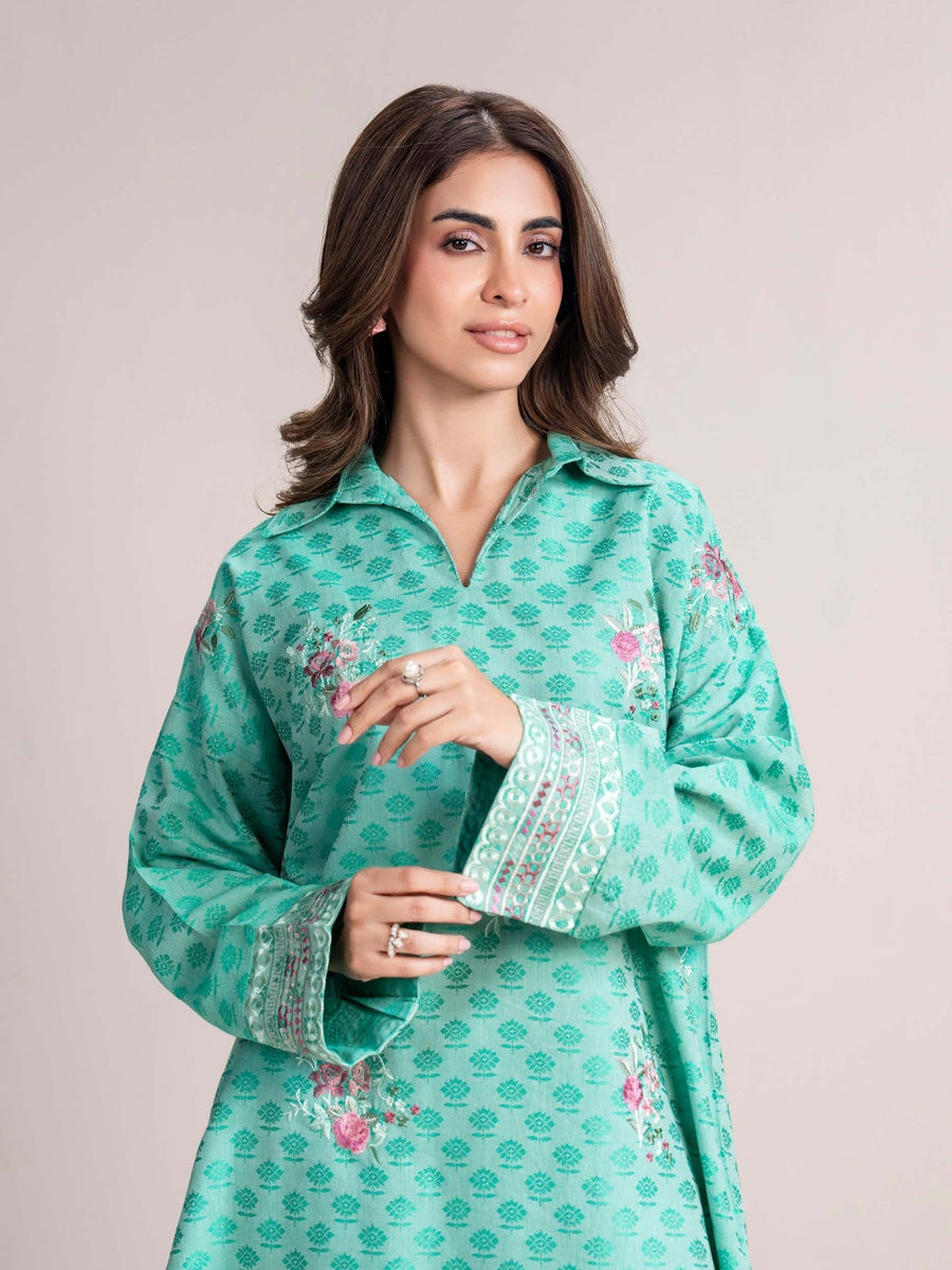Self Jacquard Kurti - Embroidered (Pret) - Pehnaawaa