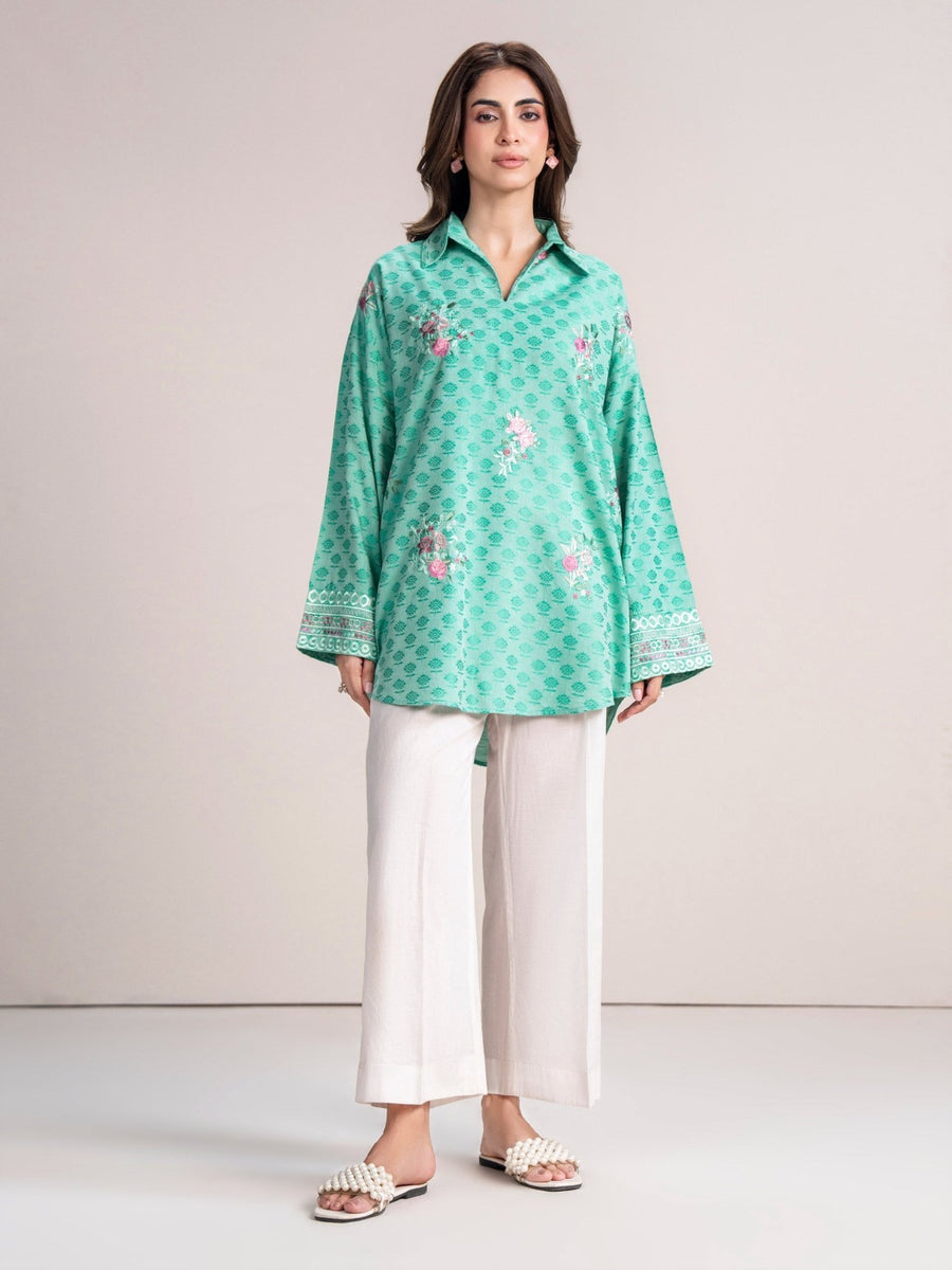 Self Jacquard Kurti - Embroidered (Pret) - Pehnaawaa