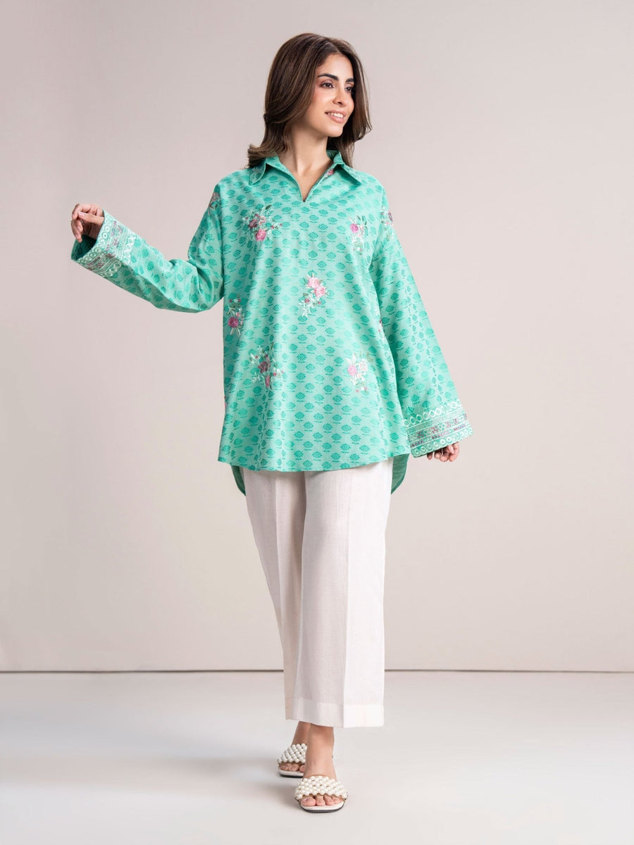 Self Jacquard Kurti - Embroidered (Pret) - Pehnaawaa