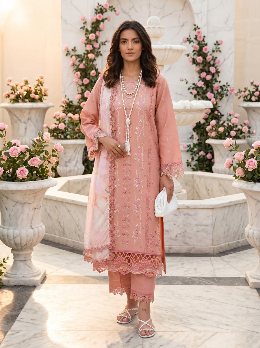Aalen Dusty Peach Embroidered Lawn Suit with Tasser Silk Dupatta