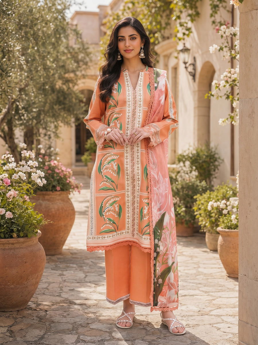 Mellow Peach Printed Lawn Suit with Silk Dupatta